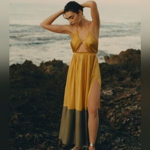 Anthropologie Silk Colorblocked Maxi Dress Gold Brown NWT